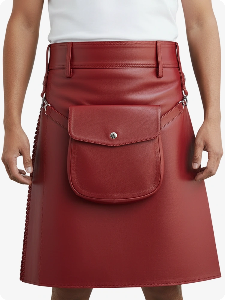 Kilt de cuero plisado rojo con trabillas y correas laterales