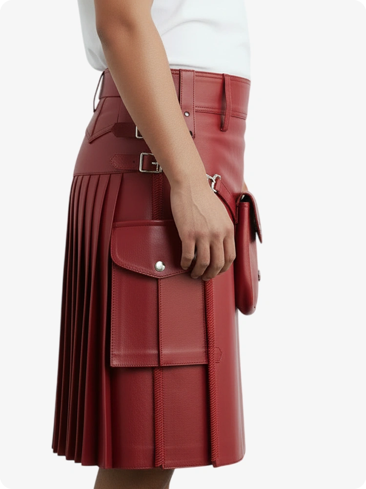 Kilt de cuero plisado rojo con trabillas y correas laterales