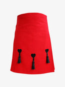 Red kilt with black heart-shaped tassels on a white background