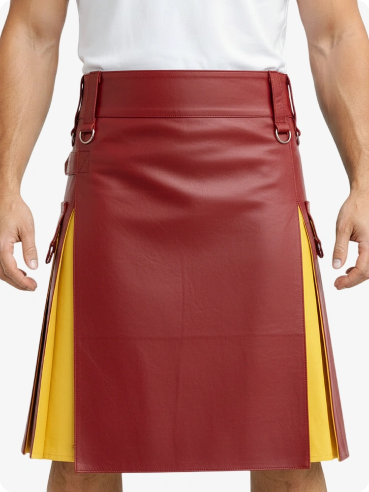 Kilt de cuero rojo y amarillo con bolsillos cargo