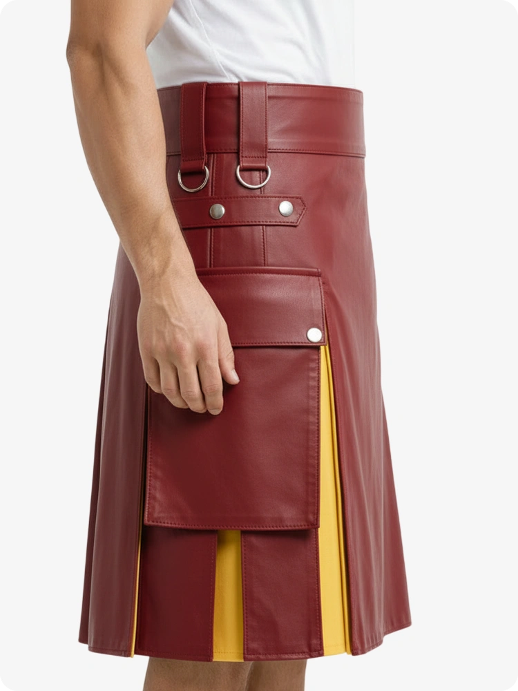 Kilt de cuero rojo y amarillo con bolsillos cargo