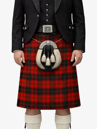 Person wearing a red tartan kilt with a black jacket and white knee-high socks on a white background