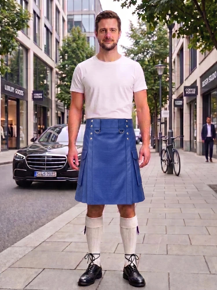 A man stands on a city sidewalk wearing a white crew-neck t-shirt and a blue pleated kilt with silver buttons, paired with white knee-high socks and black leather shoes. A black Mercedes-Benz is parked in the background on a city street.