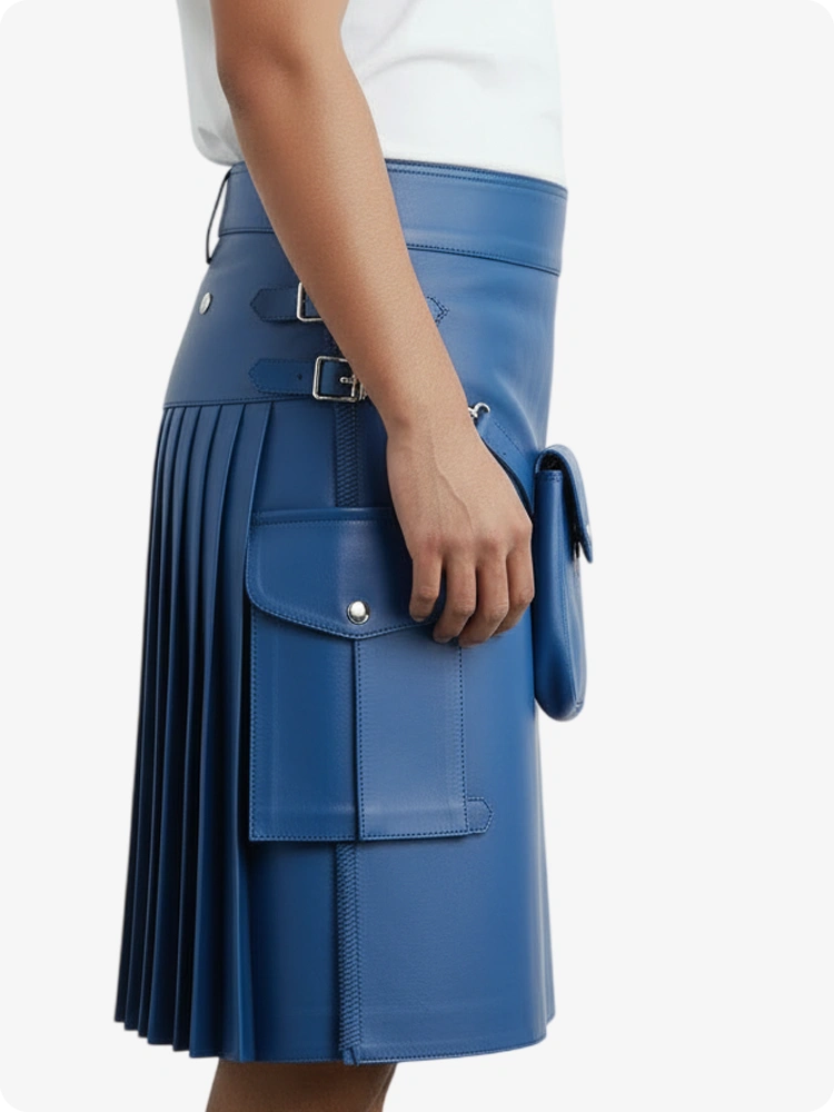 Kilt de cuero plisado azul real con trabillas y correas laterales