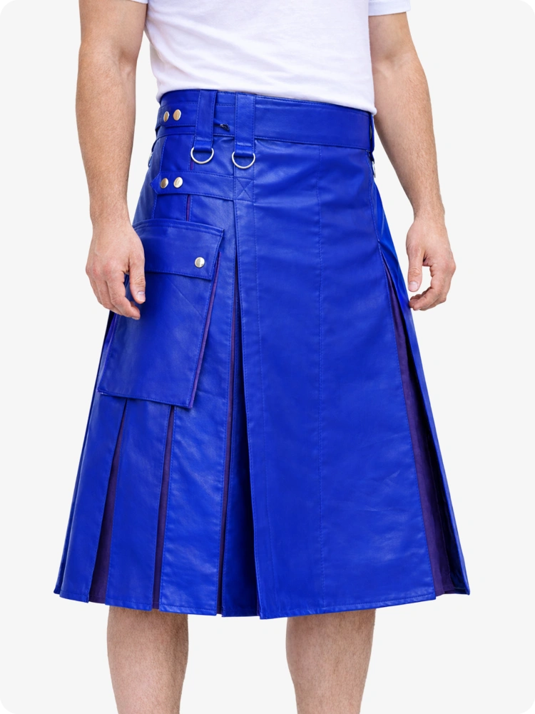 Royal Blue leather skirt worn by a person on a white background