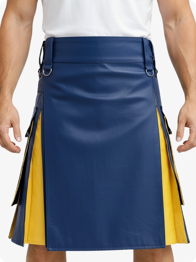 Kilt de cuero azul real y amarillo con bolsillos cargo