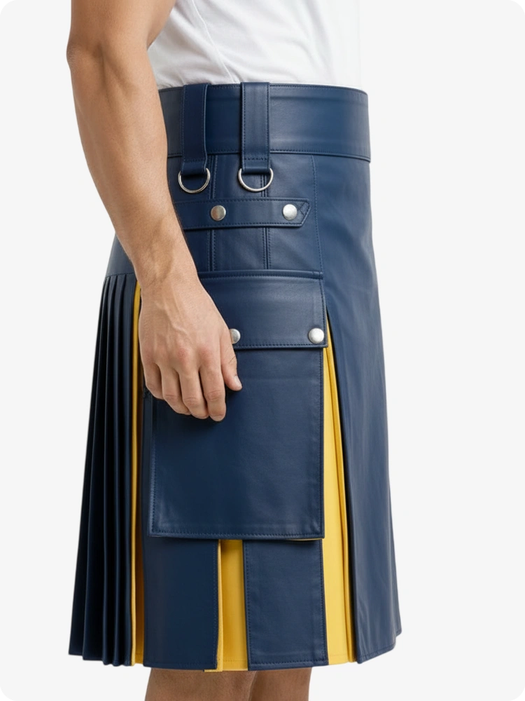 Kilt de cuero azul real y amarillo con bolsillos cargo