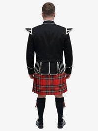 Person wearing a black doublet jacket and royal stewart tartan kilt on a white background