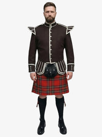 Man wearing a traditional Scottish royal stewart tartan kilt and wear dark brown jacket with a white background