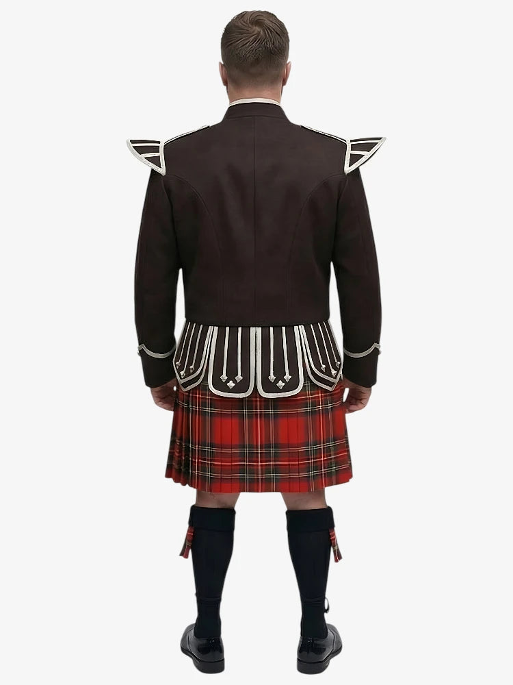 Conjunto de Kilt Doublet Tartan Royal Stewart con Chaqueta Marrón Oscuro