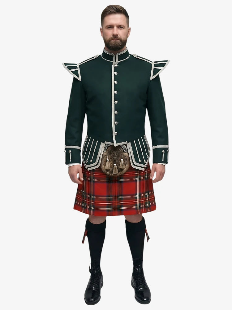 Conjunto Kilt Doublet de Tartan Royal Stewart con Chaqueta Verde Oscuro
