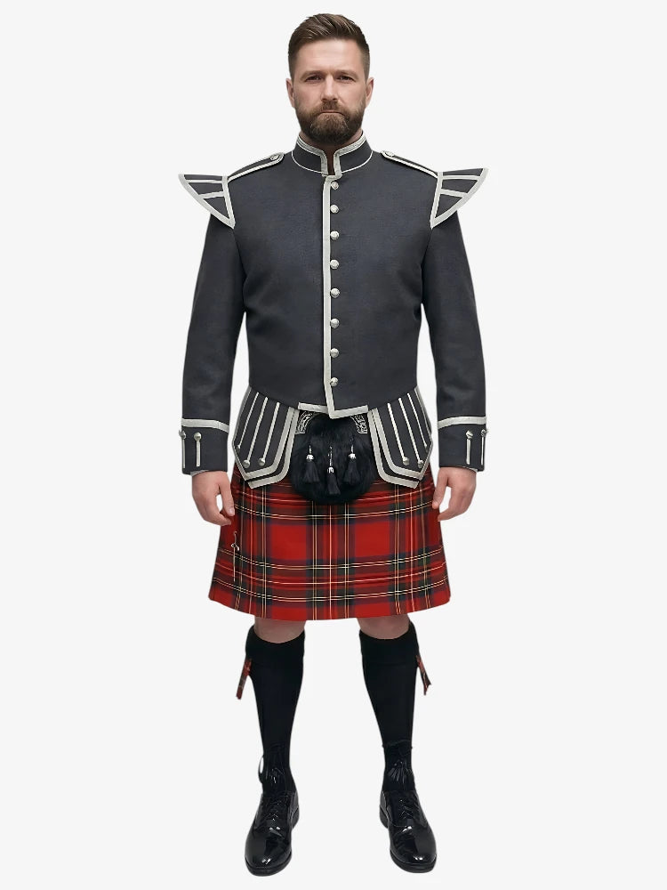 Conjunto de Kilt Doublet de Tartan Royal Stewart con Chaqueta Gris Oscuro