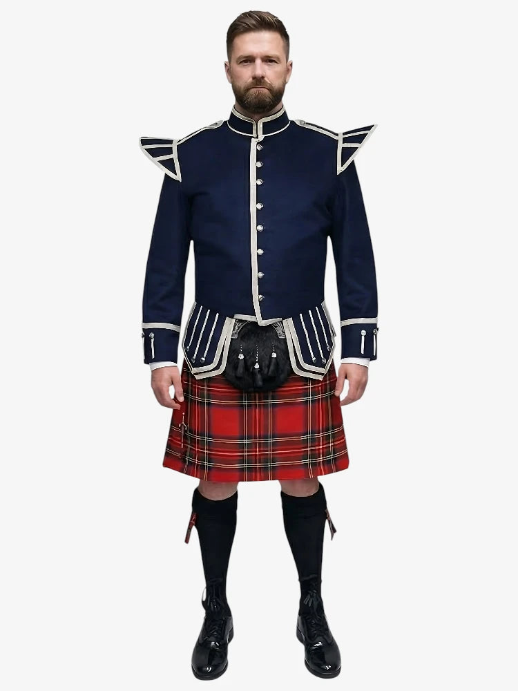 Conjunto de Kilt Doublet de Tartan Royal Stewart con Chaqueta Azul Marino