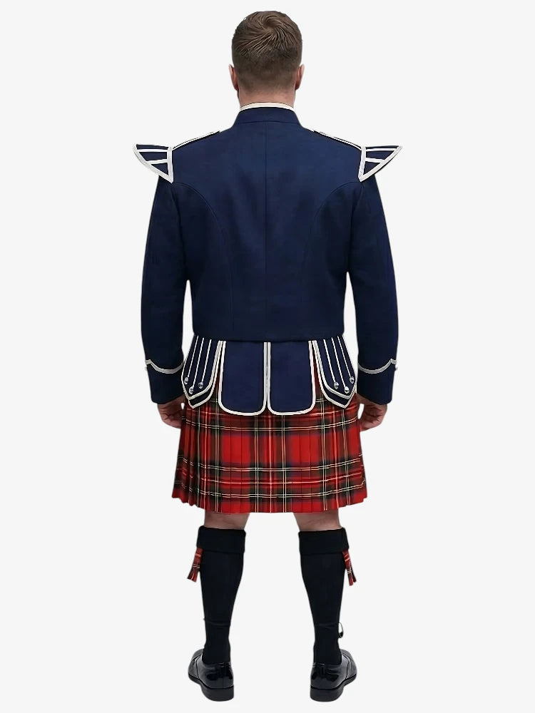 Conjunto de Kilt Doublet de Tartan Royal Stewart con Chaqueta Azul Marino