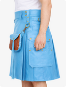 Sky blue cyan kilt with gold buttons and a brown pouch