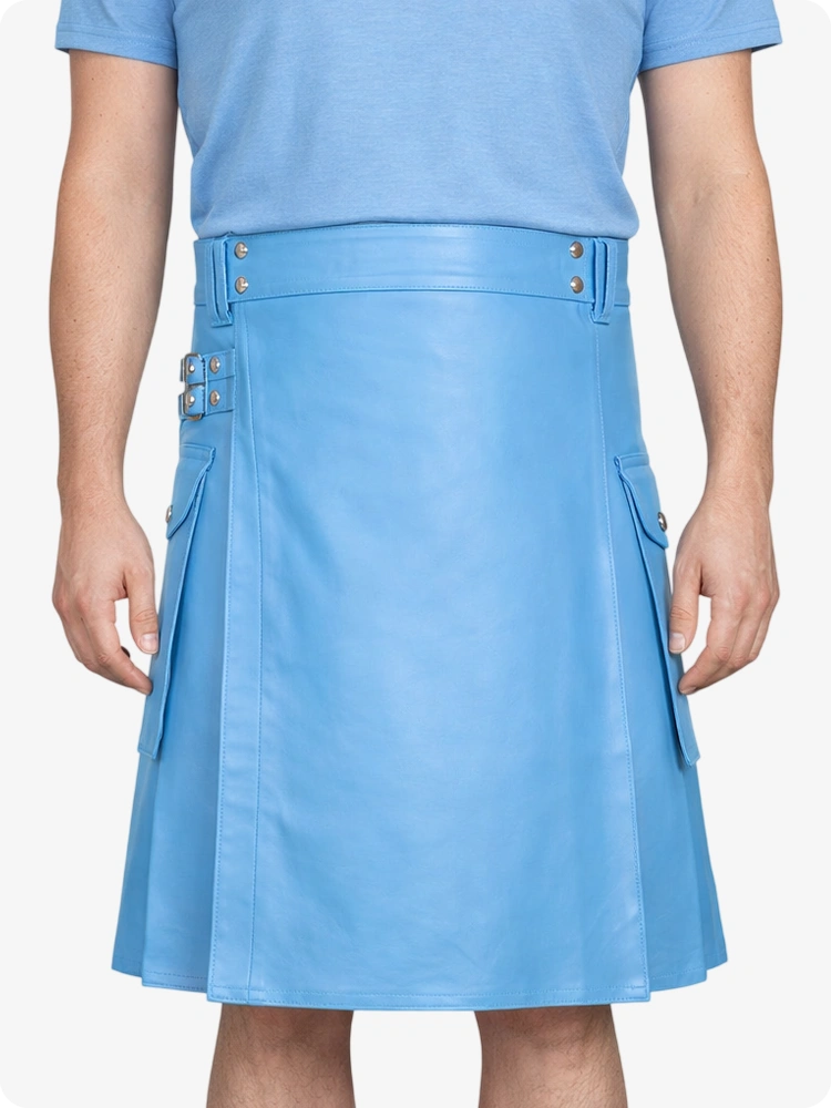Sky Blue Genuine Leather Utility Kilt with Side Pockets