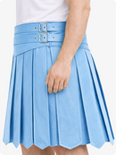 Sky blue pleated skirt with a belt on a white background