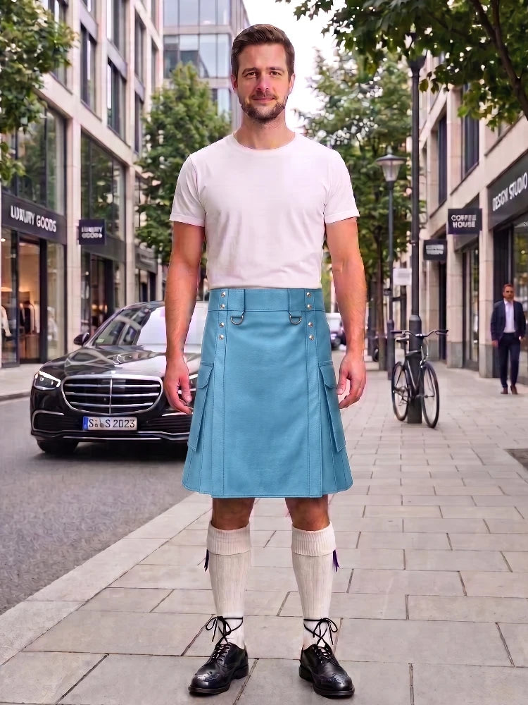 A man stands on a city sidewalk wearing a light blue pleated kilt with silver hardware, a white t-shirt, white knee-high socks, and black leather shoes. A black Mercedes-Benz car and a bicycle are visible in the background of the street scene.
