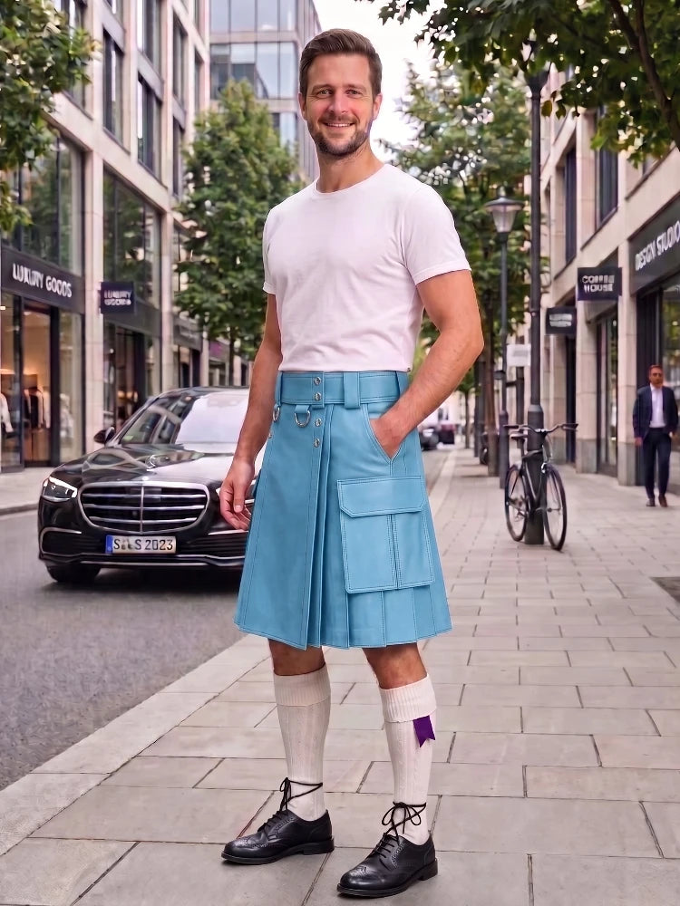 A man stands on a city sidewalk wearing a light blue kilt, white t-shirt, white knee-high socks, and black shoes. Buildings, trees, a black car, and a bicycle are visible in the background.