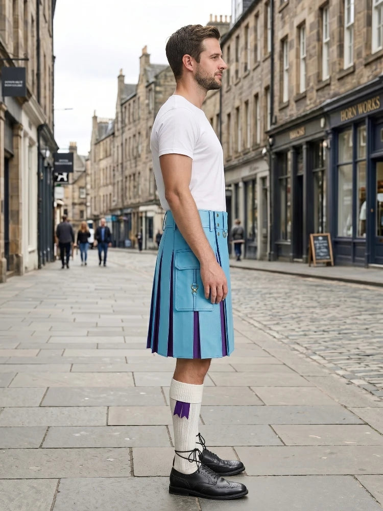 Sky Blue Leather Kilt With Purple Pleats Right Side
