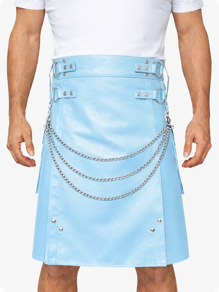 Sky Blue Leather Utility Kilt with Chain Detailing & Adjustable Straps