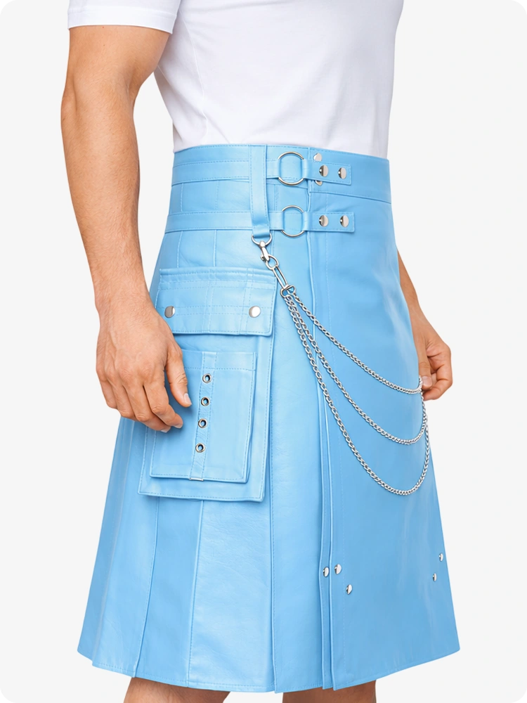 Sky Blue Leather Utility Kilt with Chain Detailing & Adjustable Straps