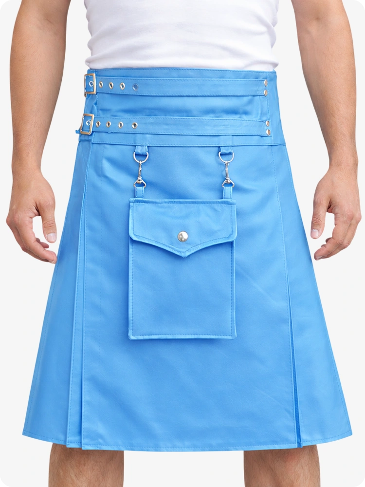 Sky Blue Leather Utility Kilt with Front Pocket & Adjustable Buckle Straps