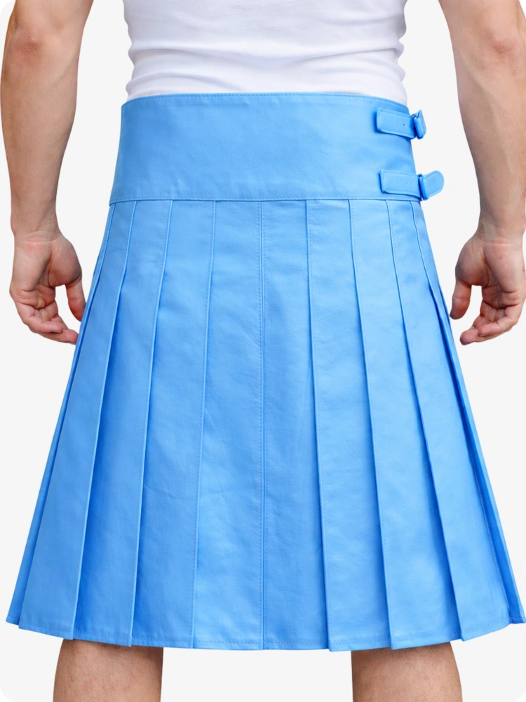 Sky Blue Leather Utility Kilt with Front Pocket & Adjustable Buckle Straps