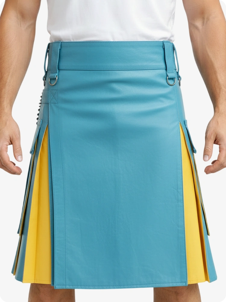 Kilt de cuero azul cielo y amarillo con bolsillos cargo