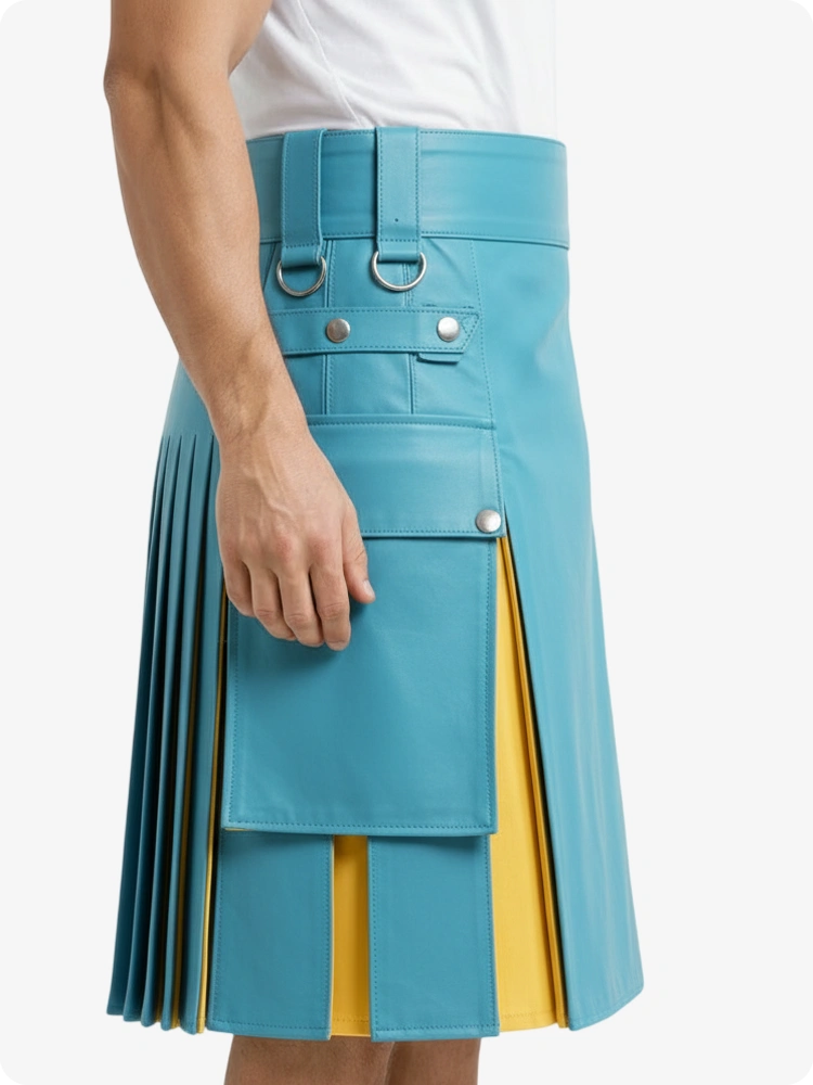 Kilt de cuero azul cielo y amarillo con bolsillos cargo