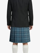 Person wearing a black coat, blue plaid kilt, and white knee-high socks on a light purple background