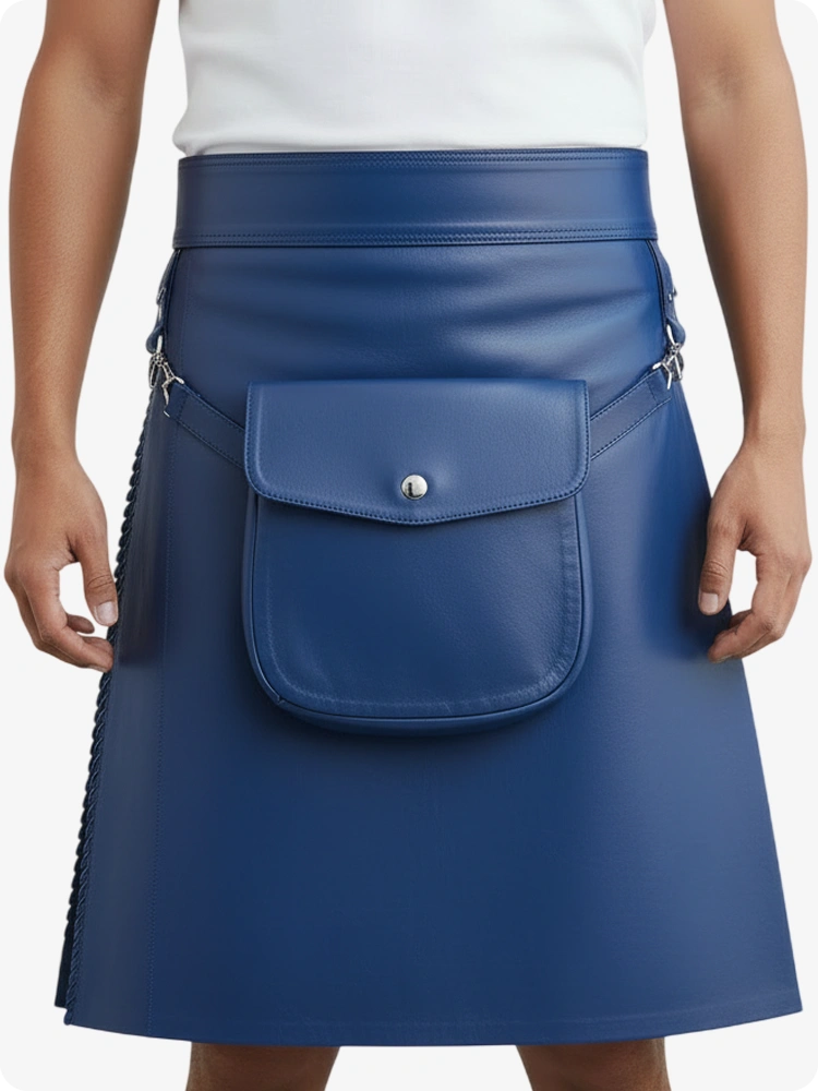Kilt de cuero plisado azul estándar con trabillas y correas laterales
