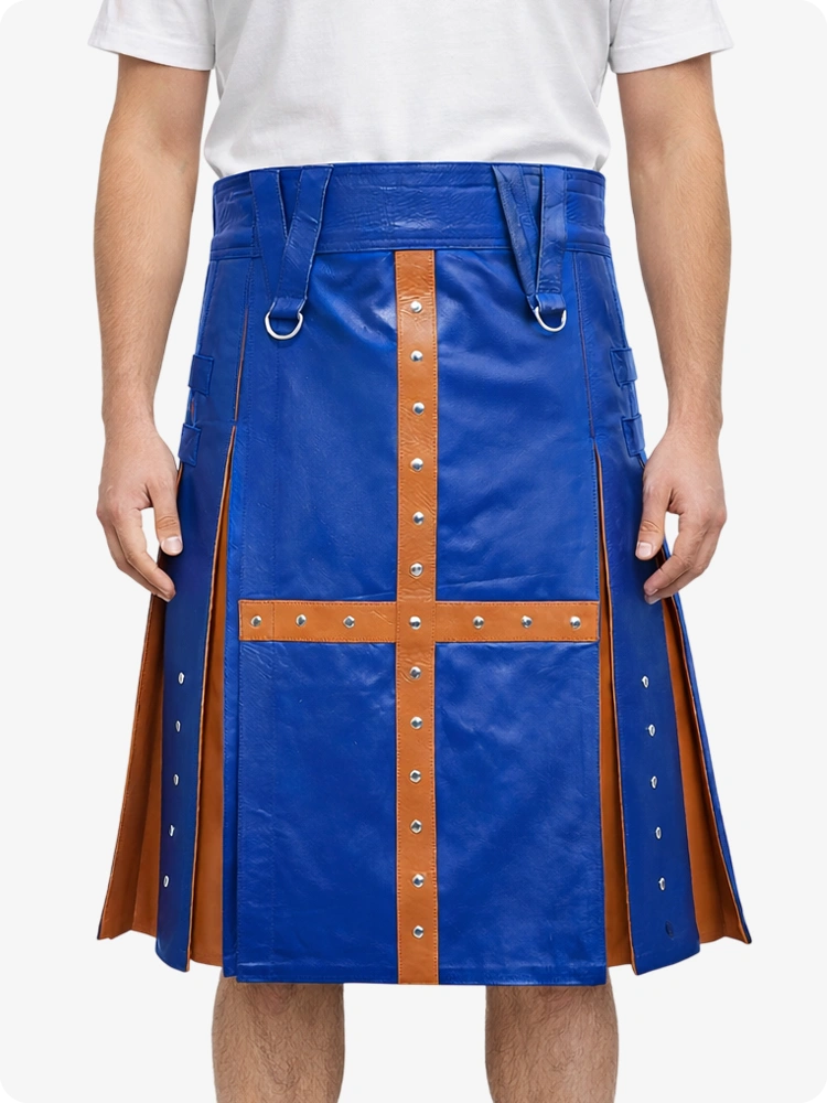 Standard Blue Leather Utility Kilt with Brown Cross Panel & Metal Rivet Detailing
