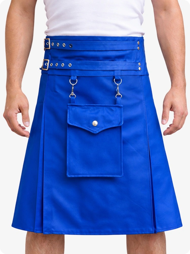 Kilt utilitario de cuero azul estándar con bolsillo frontal y correas ajustables con hebilla