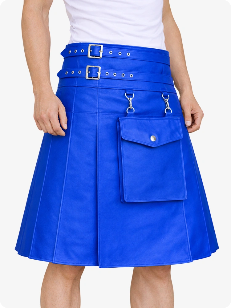 Kilt utilitario de cuero azul estándar con bolsillo frontal y correas ajustables con hebilla