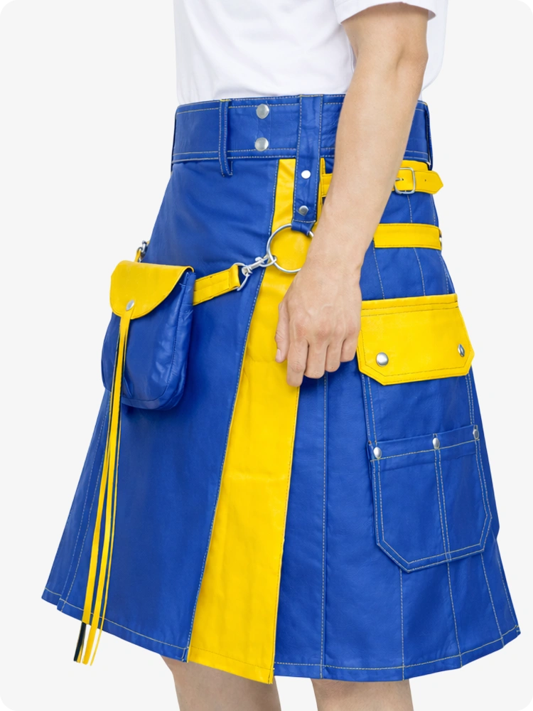 Standard Blue Leather Utility Kilt with Yellow Accents & Detachable Pockets
