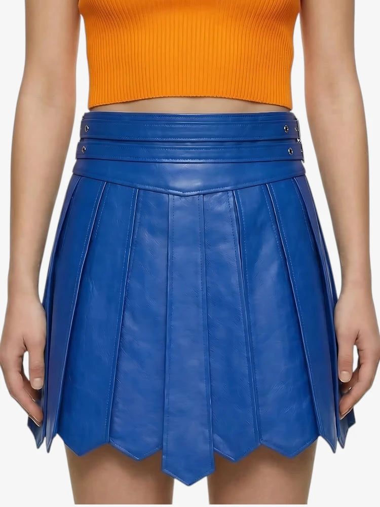Kilt Highland de cuero azul para mujer con cintura ajustable y pliegues clásicos