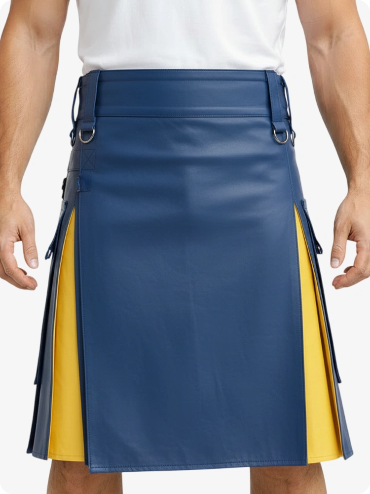 Kilt de cuero azul estándar y amarillo con bolsillos cargo