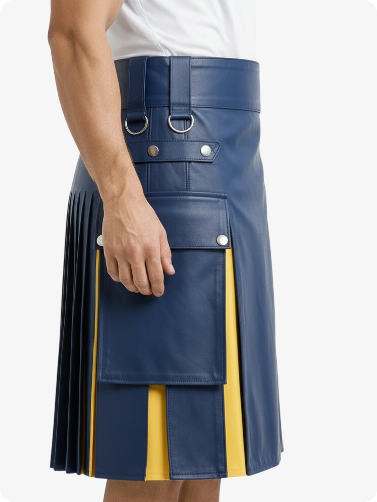 Kilt de cuero azul estándar y amarillo con bolsillos cargo