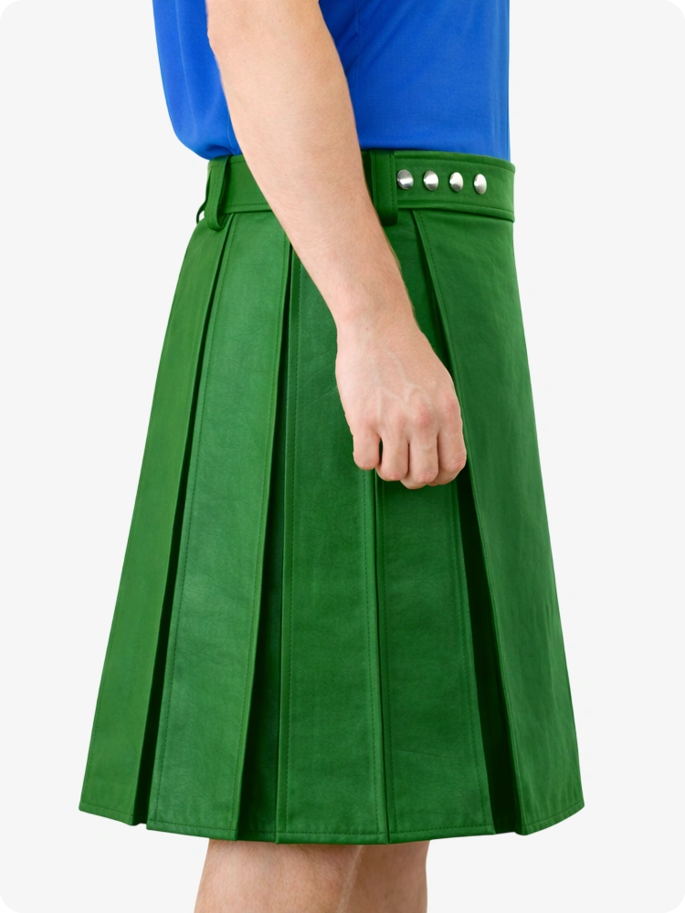 Kilt utilitario de cuero genuino verde estándar con cinturilla tachonada