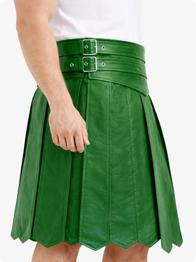 Standard Green Leather Highland Kilt Adjustable Buckle Waist & Classic Pleats