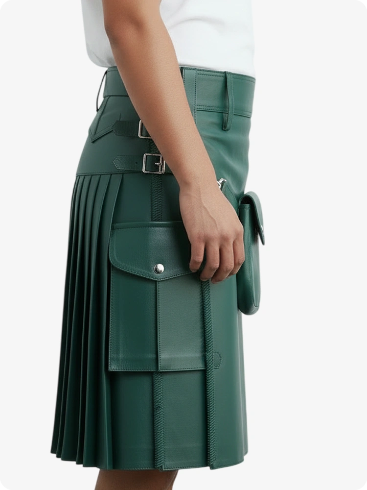 Kilt de cuero plisado verde estándar con trabillas y correas laterales