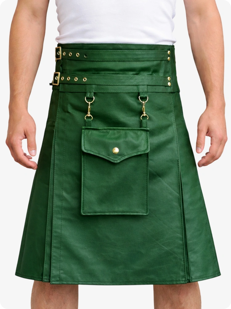 Kilt utilitario de cuero verde estándar con bolsillo frontal y correas ajustables con hebilla