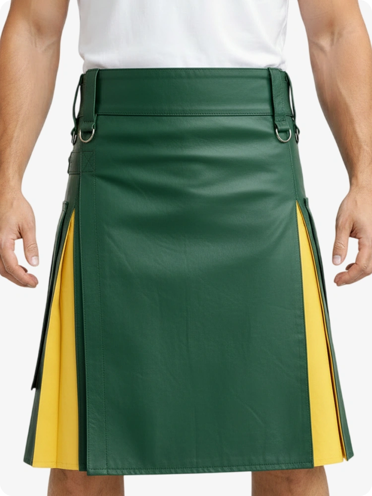 Kilt de cuero verde estándar y amarillo con bolsillos cargo