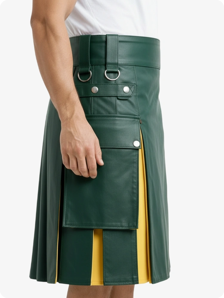Kilt de cuero verde estándar y amarillo con bolsillos cargo
