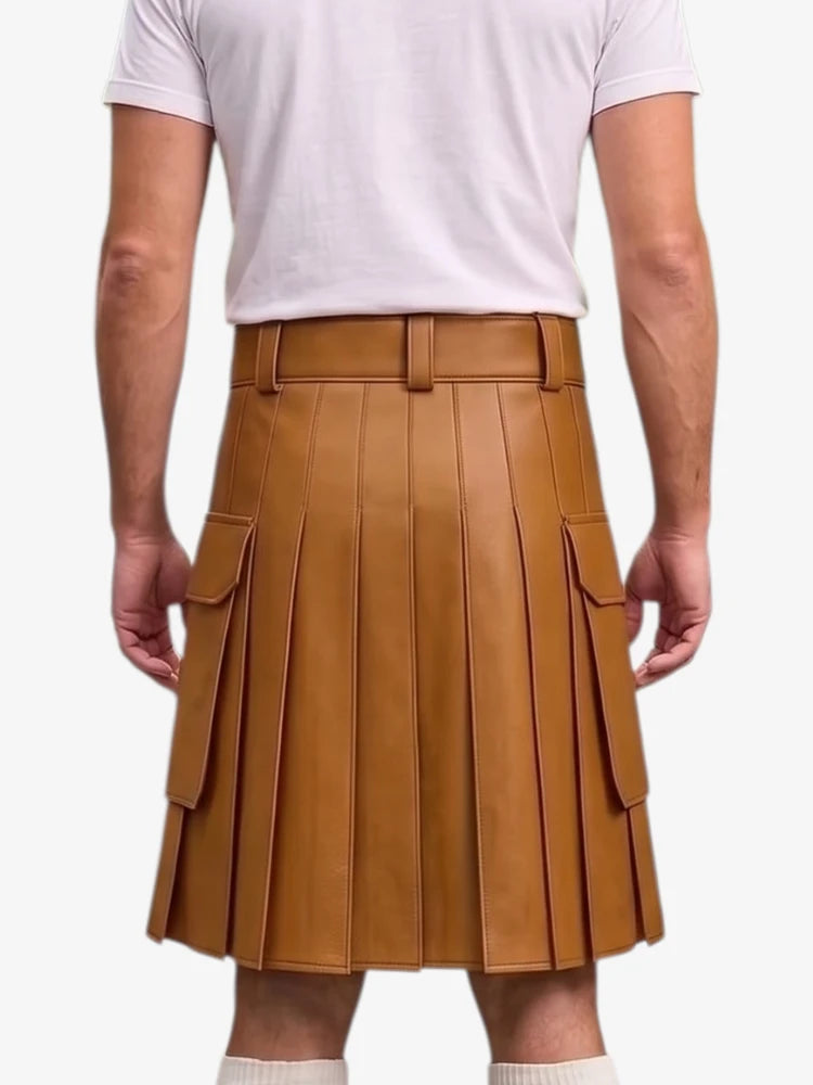 Tan Brown Leather Kilt For Men Tactical Utility Kilts
