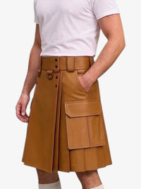 Tan Brown Leather Kilt For Men Tactical Utility Kilts