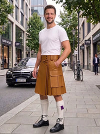 Tan Brown Leather Kilt For Men Tactical Utility Kilts
