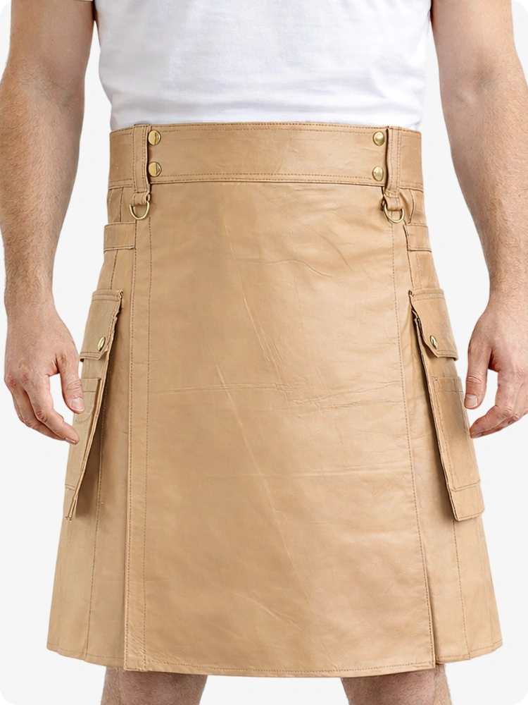 Tan Genuine Leather Utility Kilt with Cargo Pockets & D-Rings