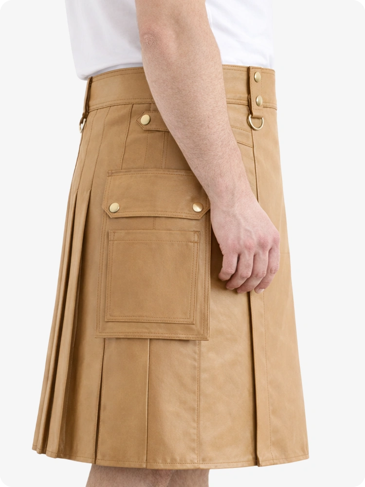 Tan Genuine Leather Utility Kilt with Cargo Pockets & D-Rings